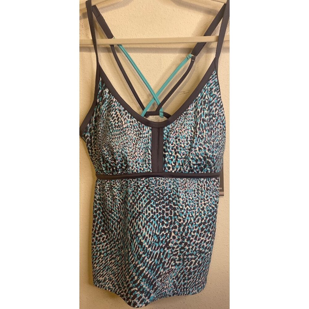 NEW FREE TECH Strappy Tankini Top Plus 16W Padded Crisscross Grey Blue Women